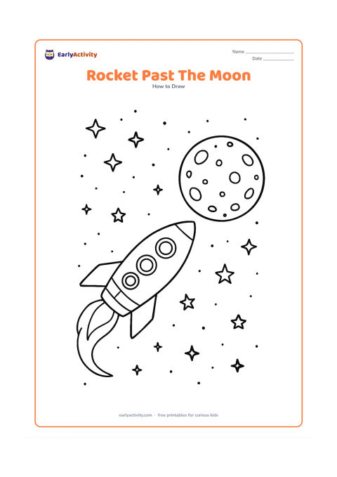 Worksheet: A detailed side-view rocket travels past a large cratered moon, with multiple windows, fins, panel seams, a curved flame trail and many varied stars. Keep the flight direction clear and…