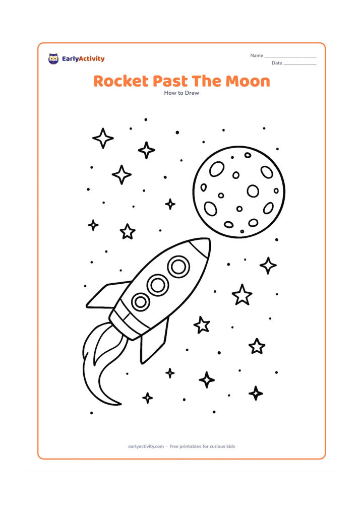 Worksheet: A detailed side-view rocket travels past a large cratered moon, with multiple windows, fins, panel seams, a curved flame trail and many varied stars. Keep the flight direction clear and…