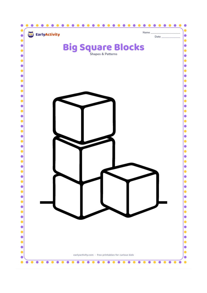 Colouring page: Three large square building blocks stacked on a plain floor, with one block beside them. Add only a few bold outlines so the square shapes are easy to see.