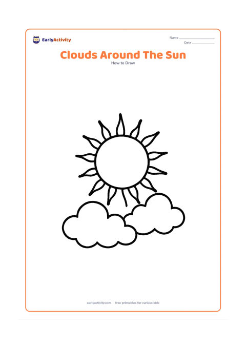 Worksheet: Place a round sun in the upper centre with a mix of straight and wavy rays, two puffy clouds partly overlapping the sky and several small open spaces between the clouds.