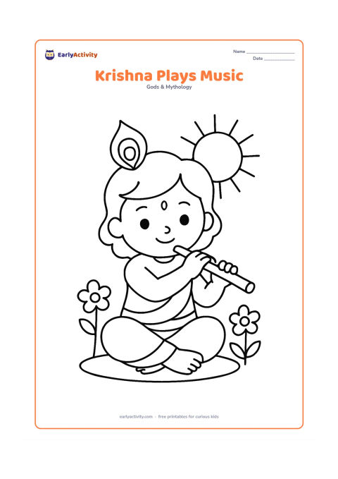 Colouring page: Draw Krishna sitting cross-legged on the ground and playing his flute. Add a peacock feather, two simple flowers, and a large sun shape in the background.