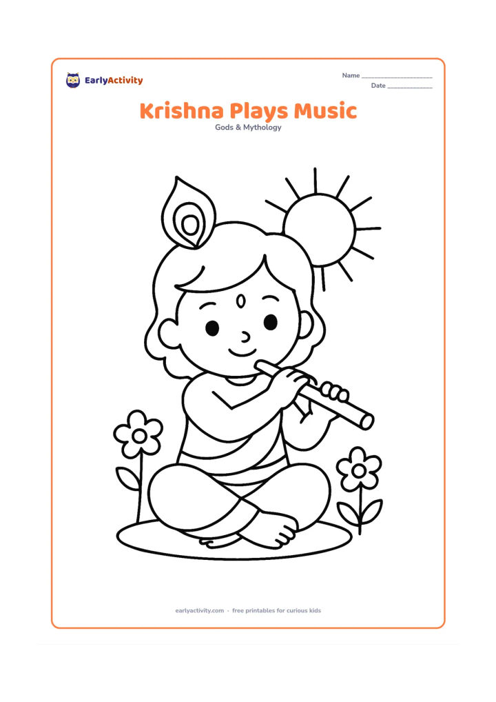 Colouring page: Draw Krishna sitting cross-legged on the ground and playing his flute. Add a peacock feather, two simple flowers, and a large sun shape in the background.