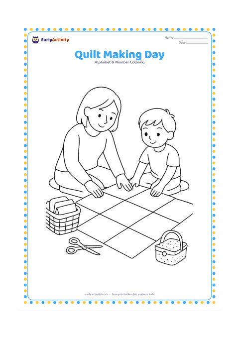 Colouring page: An adult and child sit together on a floor mat arranging large fabric squares for a quilt. Show a basket of folded cloth, safe blunt scissors, and a needle-free sewing basket nearby.