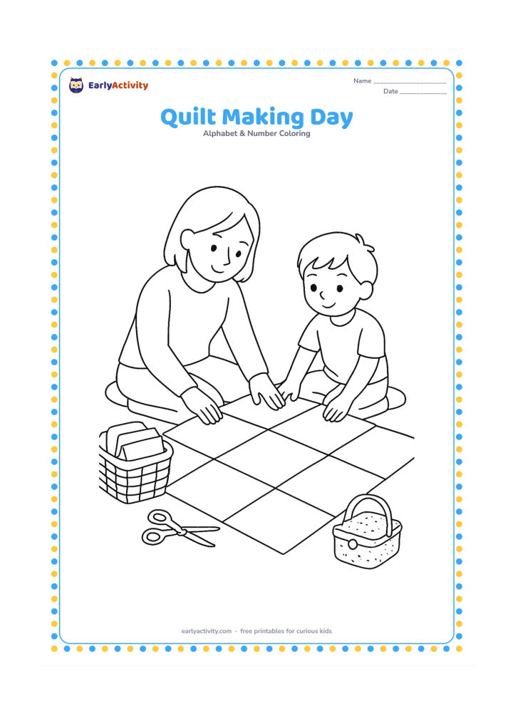 Colouring page: An adult and child sit together on a floor mat arranging large fabric squares for a quilt. Show a basket of folded cloth, safe blunt scissors, and a needle-free sewing basket nearby.