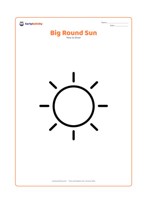 Worksheet: Show one very large empty circle in the centre with a few short straight rays around it. Leave wide spaces around the shape for tracing and colouring.