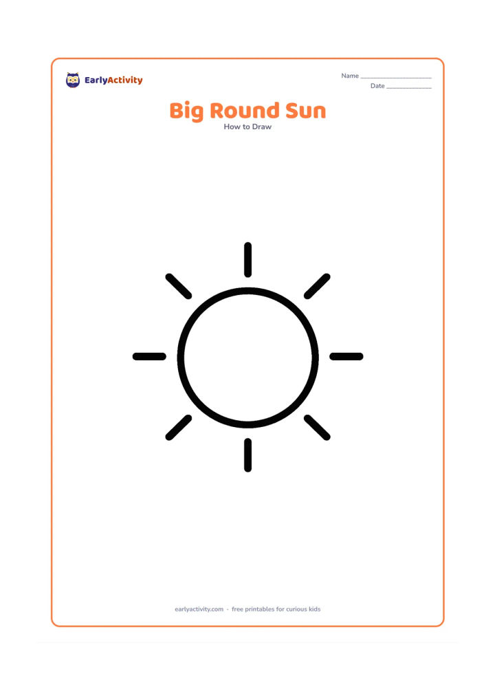 Worksheet: Show one very large empty circle in the centre with a few short straight rays around it. Leave wide spaces around the shape for tracing and colouring.