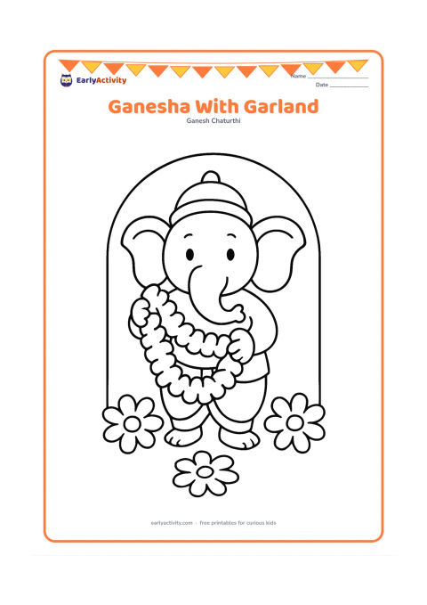 Colouring page: Ganesha stands holding a large flower garland in front of him. Add three big flowers on the ground and a simple arch behind him.