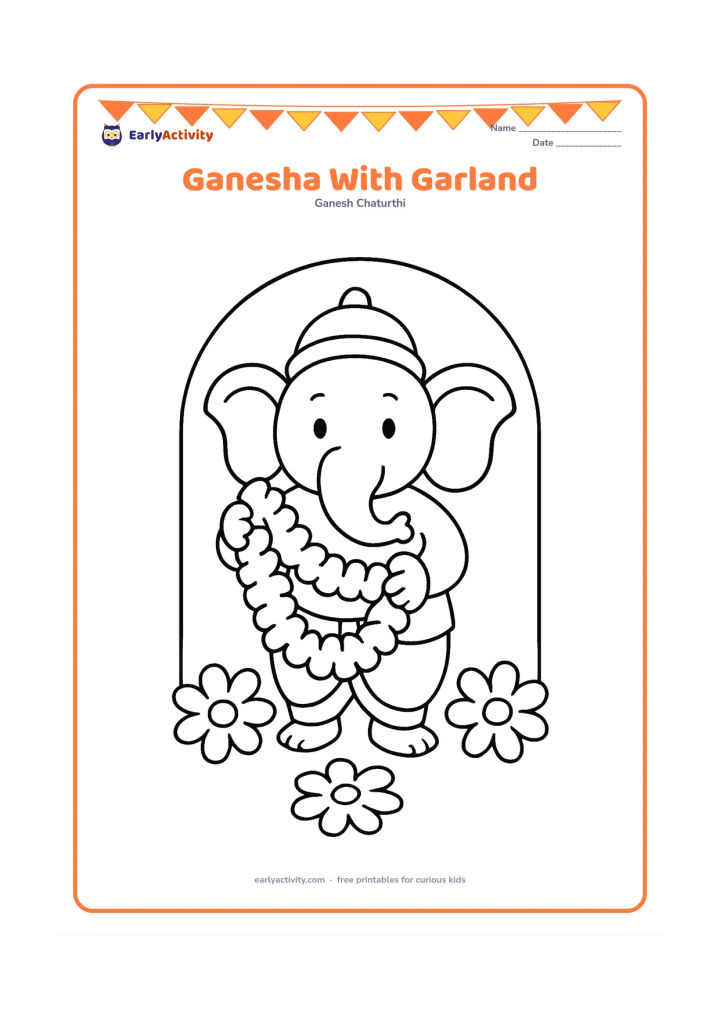 Colouring page: Ganesha stands holding a large flower garland in front of him. Add three big flowers on the ground and a simple arch behind him.