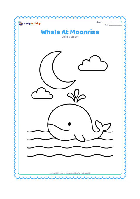 Colouring page: Show a whale lifting its head above calm water beneath a large crescent moon and two simple clouds. Add a small blowhole spout and a few wide reflection lines.