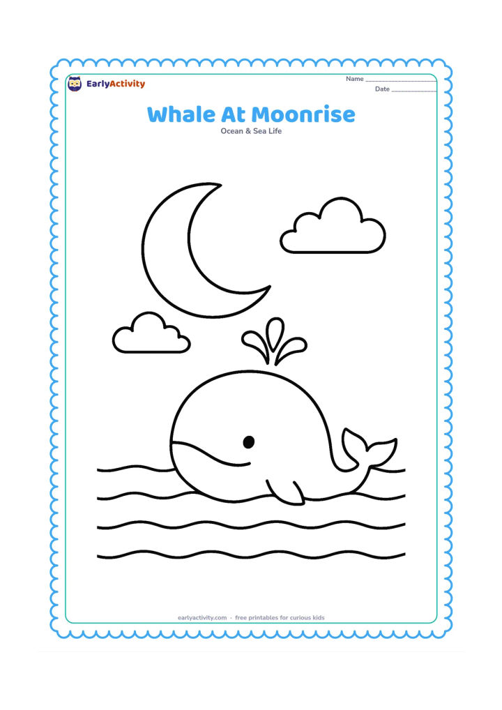 Colouring page: Show a whale lifting its head above calm water beneath a large crescent moon and two simple clouds. Add a small blowhole spout and a few wide reflection lines.
