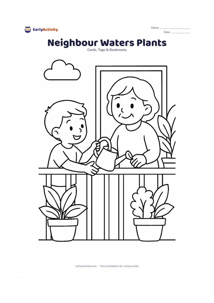 Worksheet: A child hands a watering can to a smiling neighbour beside balcony pots and leafy plants, showing a helpful everyday exchange. Leave a large empty panel across the lower half for a…