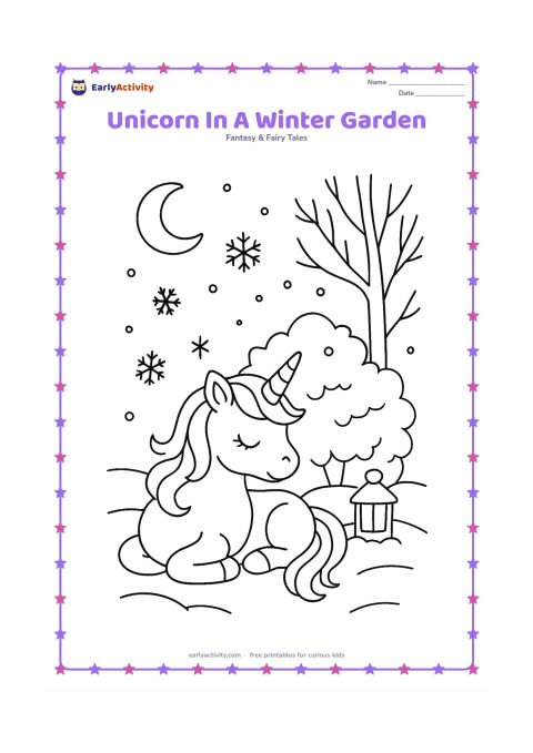 Colouring page: Draw one unicorn resting beside a snow-covered bush and bare tree, with gentle snowflakes, a small lantern without markings, and a crescent moon. Add a few curved ground lines to show snow.