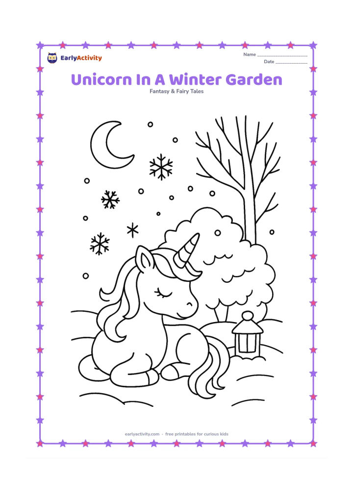 Colouring page: Draw one unicorn resting beside a snow-covered bush and bare tree, with gentle snowflakes, a small lantern without markings, and a crescent moon. Add a few curved ground lines to show snow.