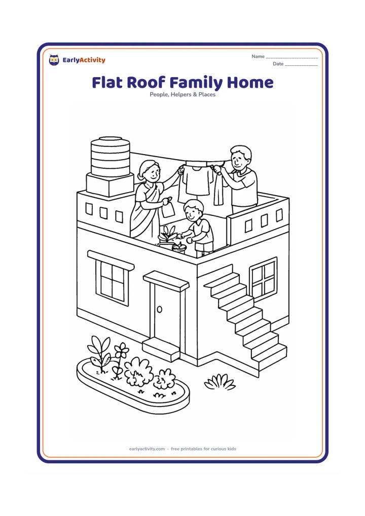 Colouring page: Draw an Indian flat-roof home with parapet wall, rooftop water tank, clothesline, staircase, balcony, front door, windows and courtyard garden. Show a family using the roof terrace for…