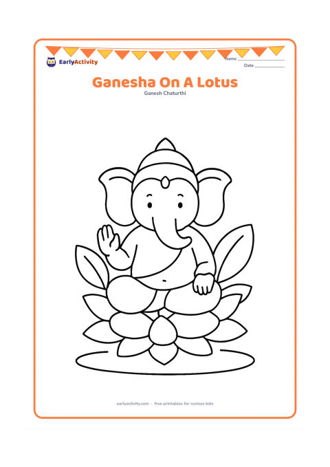 Colouring page: Ganesha sits peacefully on a large lotus flower, with two broad leaves and a simple pond curve below. Leave plenty of open space around the central figure.