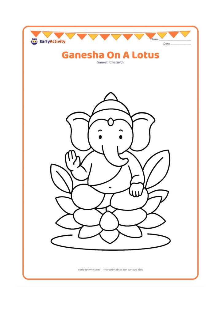 Colouring page: Ganesha sits peacefully on a large lotus flower, with two broad leaves and a simple pond curve below. Leave plenty of open space around the central figure.