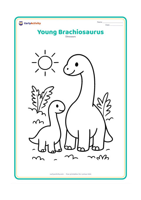 Colouring page: A small young brachiosaurus stands beside a friendly adult brachiosaurus in a sunny fern-filled clearing. Show the adult with a high shoulder shape and the young dinosaur with a shorter…
