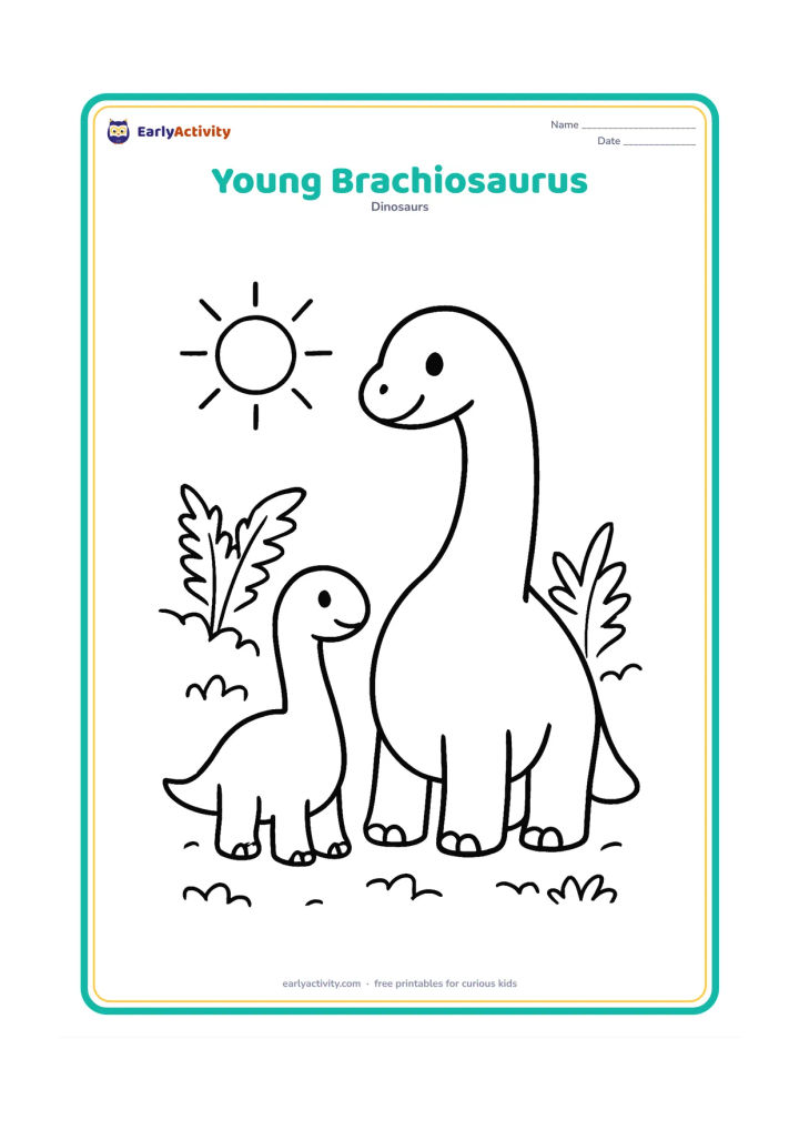 Colouring page: A small young brachiosaurus stands beside a friendly adult brachiosaurus in a sunny fern-filled clearing. Show the adult with a high shoulder shape and the young dinosaur with a shorter…