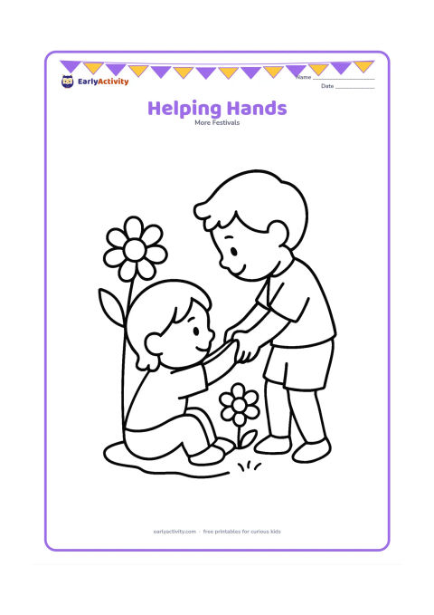 Colouring page: Draw one child helping another child stand up, with a small garden patch and two large flowers nearby. Show both children in a clear, friendly side view.