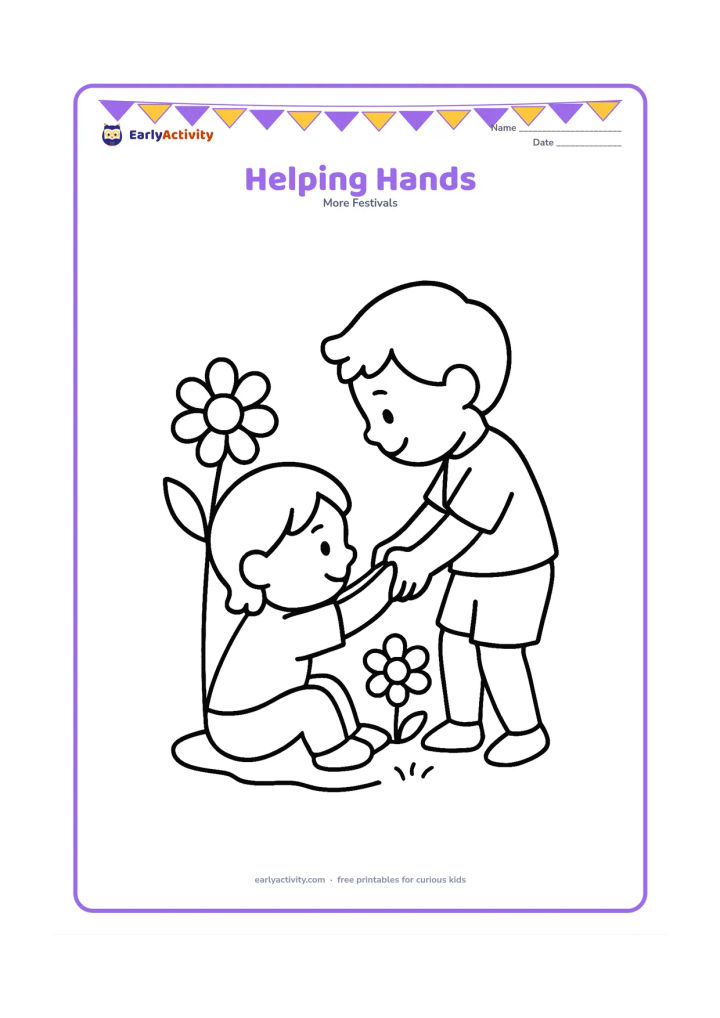Colouring page: Draw one child helping another child stand up, with a small garden patch and two large flowers nearby. Show both children in a clear, friendly side view.