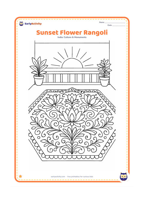 Colouring page: Create a detailed flower rangoli at sunset with mirrored lotus blooms, layered petals, curling leaves, dots and a patterned outer border. Frame it with a veranda railing, potted plants…