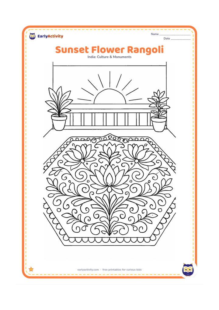 Colouring page: Create a detailed flower rangoli at sunset with mirrored lotus blooms, layered petals, curling leaves, dots and a patterned outer border. Frame it with a veranda railing, potted plants…
