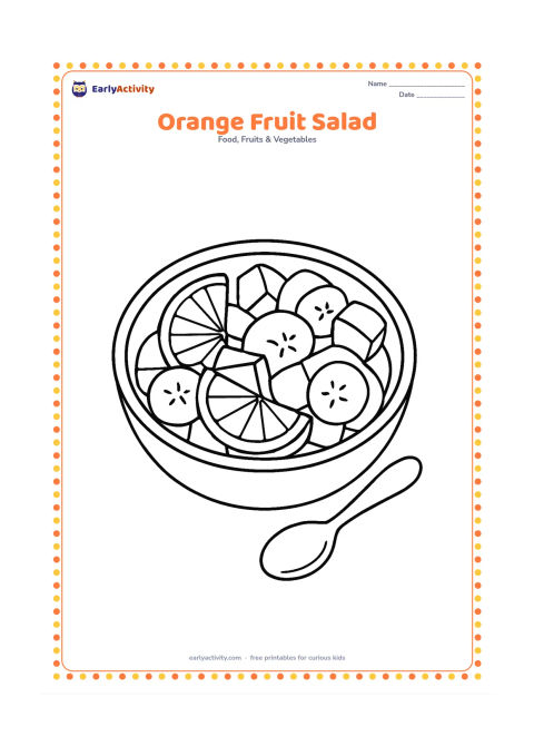 Colouring page: Draw a bowl of fruit salad containing orange segments, apple pieces and banana slices, with a spoon beside the bowl. Keep orange pieces prominent and recognizable.