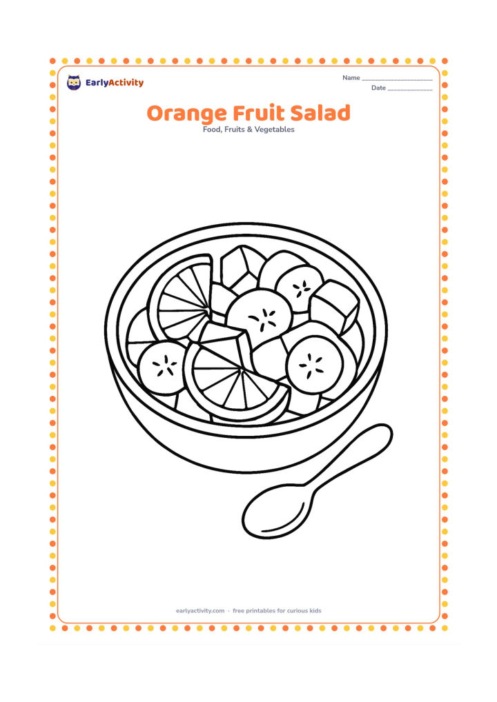 Colouring page: Draw a bowl of fruit salad containing orange segments, apple pieces and banana slices, with a spoon beside the bowl. Keep orange pieces prominent and recognizable.