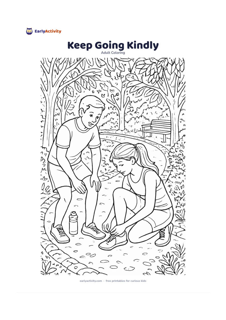 Colouring page: A runner pauses to help another runner tie a loose shoelace on a tree-lined park path, with water bottles, benches and flowering bushes nearby. Arrange the path in a gentle spiral…