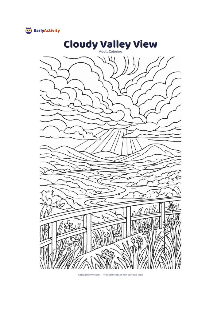 Colouring page: A broad valley beneath dramatic layered clouds, with a viewpoint railing without signs, tall grasses and wildflowers in the foreground, winding paths below and distant rounded mountains.…