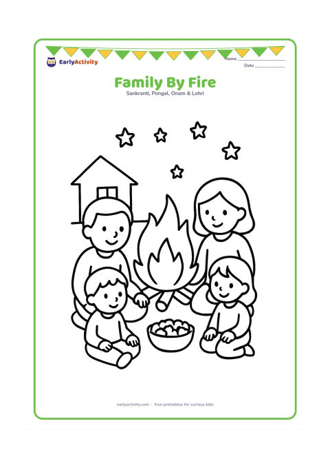 Colouring page: Draw two adults and two children sitting safely around a large bonfire, with a bowl of popcorn between them. Add a simple house outline and a few stars behind the group.