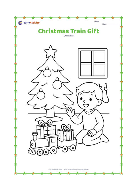 Colouring page: A toy train carries wrapped gifts around the base of a Christmas tree while a child kneels nearby and waves. Add a window, a stocking and a few large ornaments in the room.