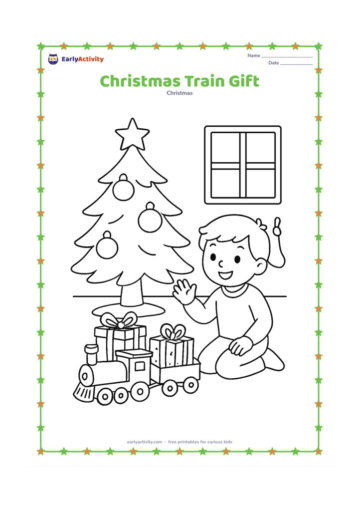 Colouring page: A toy train carries wrapped gifts around the base of a Christmas tree while a child kneels nearby and waves. Add a window, a stocking and a few large ornaments in the room.