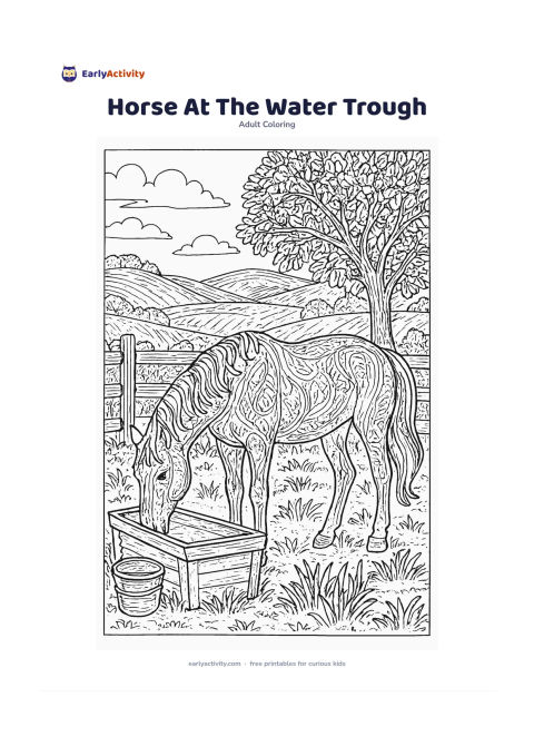 Colouring page: Draw a gentle horse lowering its head to drink from a simple trough in a rural setting. Include a wooden fence, grasses, a leafy tree, a bucket without markings and distant rolling fields.