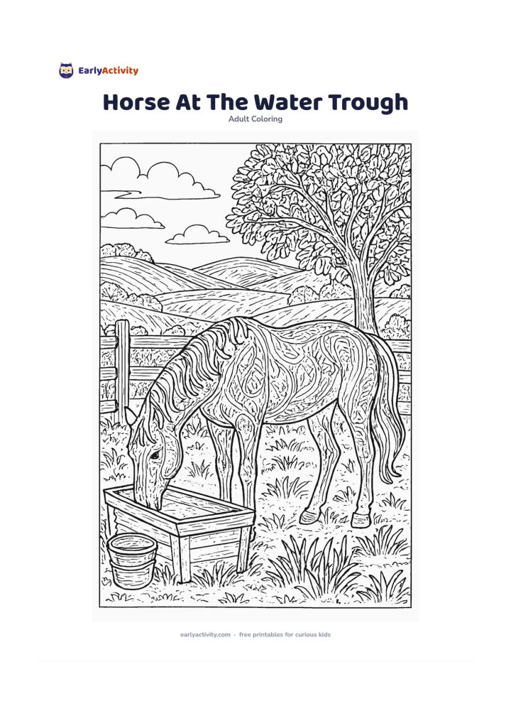 Colouring page: Draw a gentle horse lowering its head to drink from a simple trough in a rural setting. Include a wooden fence, grasses, a leafy tree, a bucket without markings and distant rolling fields.