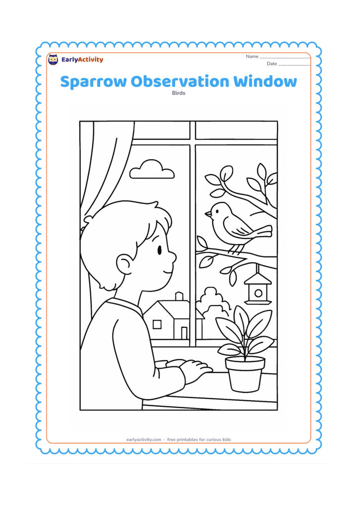 Colouring page: Draw a child viewing a sparrow through a home window, with the sparrow on an outside branch and a feeder nearby. Include window panes, a curtain, a potted plant, and a few distant…
