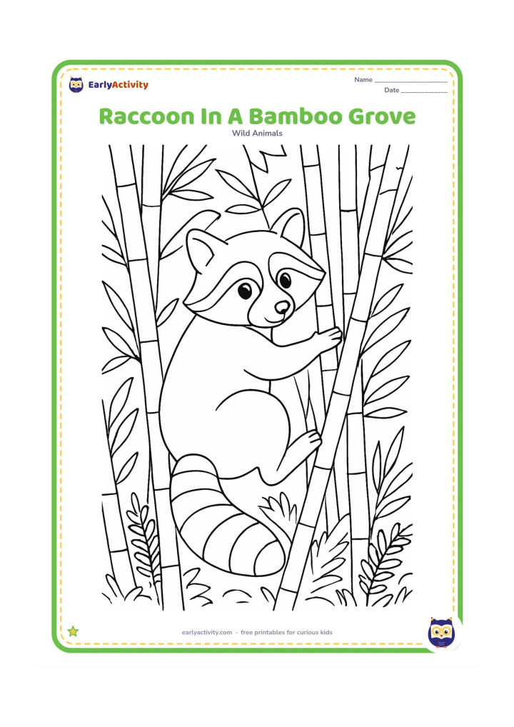Colouring page: Draw a raccoon climbing through a bamboo grove, holding one bamboo stalk with its front paws while looking over its shoulder. Include overlapping bamboo stems, leaves, ground ferns and…