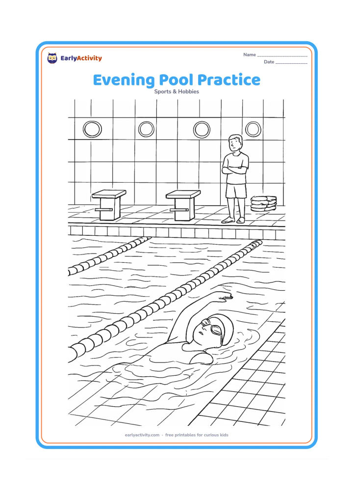 Colouring page: A swimmer practises backstroke in an illuminated pool at evening, with reflections from pool lights and a coach watching from the deck. Include detailed tiles, lane ropes, starting…