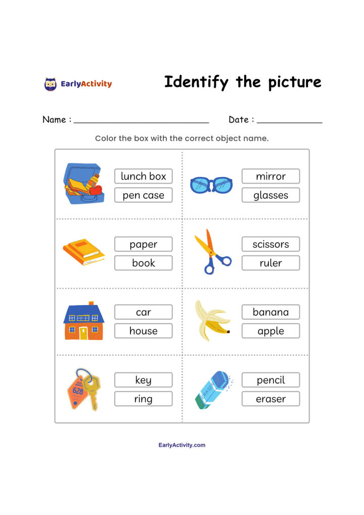 Worksheet showing eight object pictures, including glasses, a book, scissors, a house, a banana, keys and an eraser, with two name choices for each.