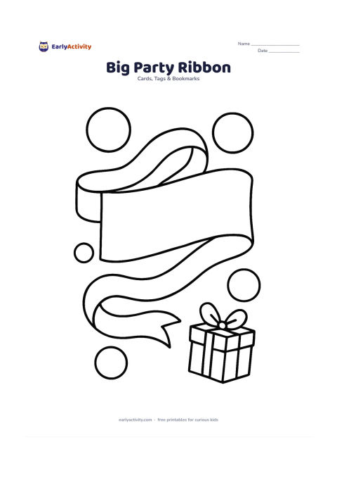 Worksheet: Draw a large curling celebration ribbon crossing the page, with a blank rectangular message panel in the centre and several oversized circles around it. Include a small present shape at…