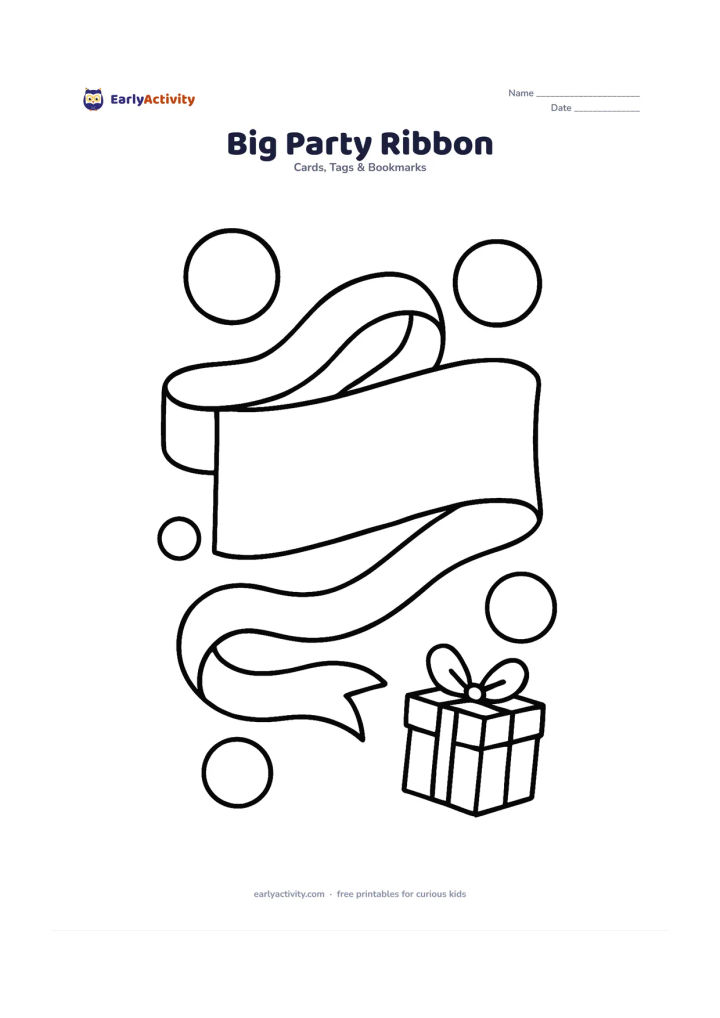 Worksheet: Draw a large curling celebration ribbon crossing the page, with a blank rectangular message panel in the centre and several oversized circles around it. Include a small present shape at…