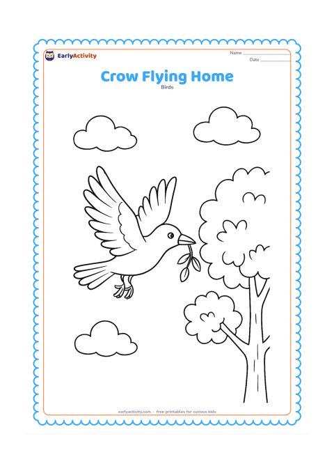 Colouring page: A crow flies with wings spread toward a leafy tree, carrying a short twig in its beak; a few soft clouds fill the sky.