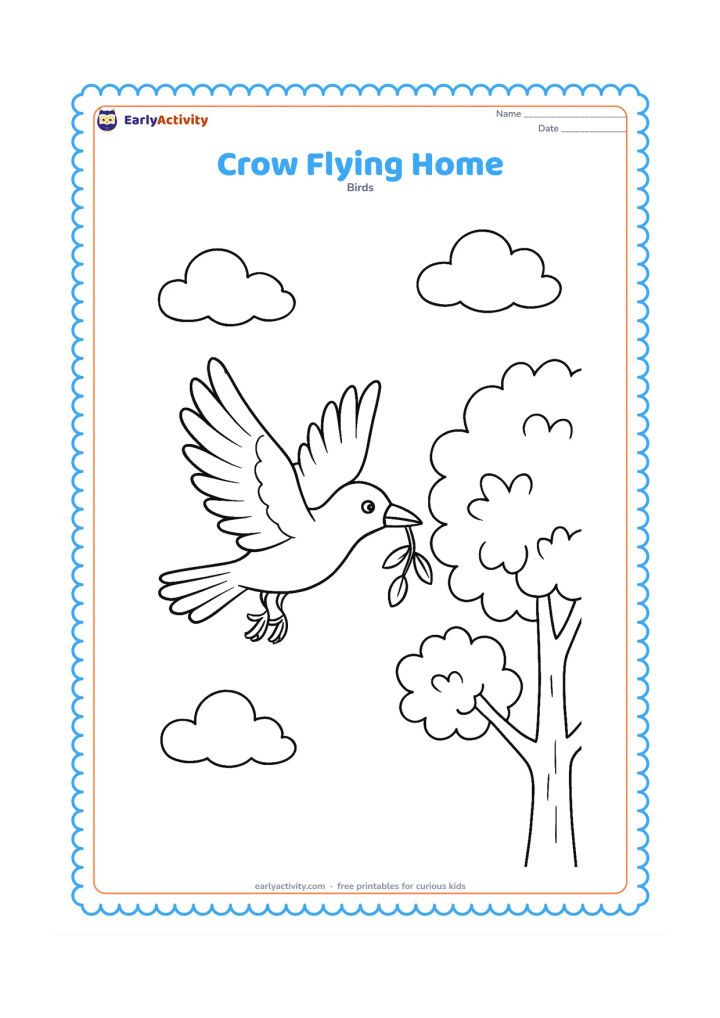 Colouring page: A crow flies with wings spread toward a leafy tree, carrying a short twig in its beak; a few soft clouds fill the sky.