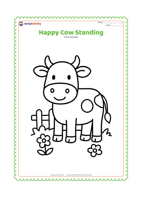 Colouring page: A friendly cow stands facing forward in a small patch of grass, with a few simple flowers and a low fence behind it. Show large clear eyes, ears, horns, tail, nose, and split hooves.