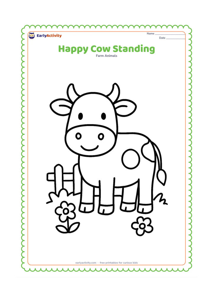 Colouring page: A friendly cow stands facing forward in a small patch of grass, with a few simple flowers and a low fence behind it. Show large clear eyes, ears, horns, tail, nose, and split hooves.