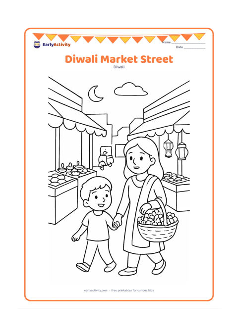 Colouring page: A child and parent walk through a friendly Indian market street carrying a basket of flowers, passing stalls with diyas, sweets and plain hanging lanterns. Include shop awnings, a…