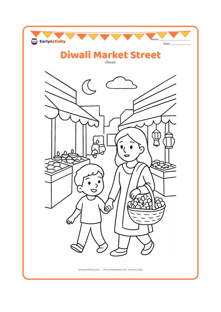 Colouring page: A child and parent walk through a friendly Indian market street carrying a basket of flowers, passing stalls with diyas, sweets and plain hanging lanterns. Include shop awnings, a…