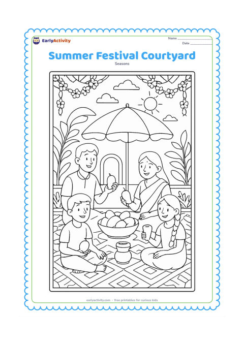 Colouring page: A family gathers in a shaded courtyard for a cheerful summer celebration with mangoes, clay cups, flower garlands and a large umbrella. Add patterned floor designs made only from…