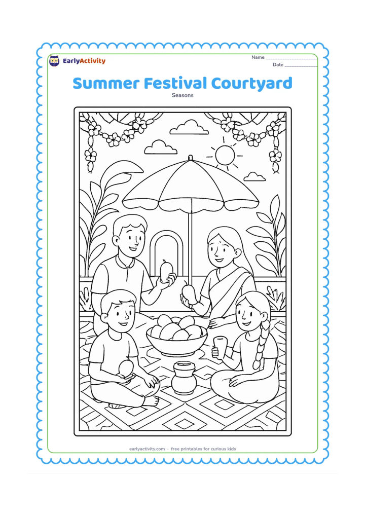 Colouring page: A family gathers in a shaded courtyard for a cheerful summer celebration with mangoes, clay cups, flower garlands and a large umbrella. Add patterned floor designs made only from…