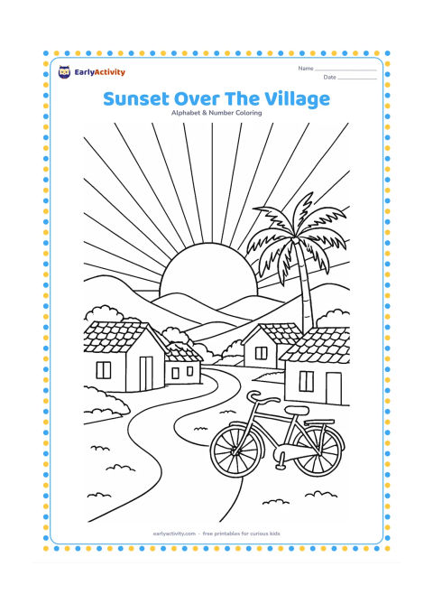 Colouring page: A large setting sun glows behind an Indian village scene with tiled rooftops, a palm tree, a bicycle and a winding path. Include layered hills and long sun rays, but no signs, house…